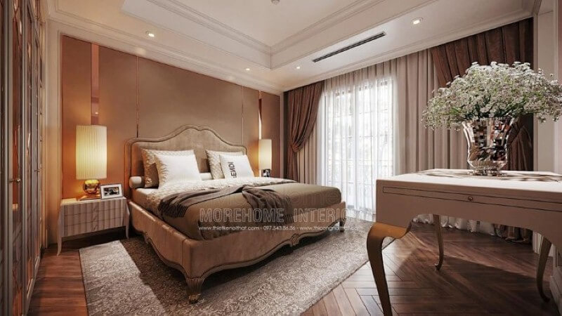 Mẫu giường tân cổ điển đẹp với thiết kế bọc nệm êm ái cùng đường nét uốn lượn đẹp mắt tạo điểm nhấn ấn tượng cho phòng ngủ đương đại cao cấp.