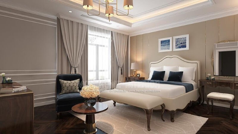 Trang trí nội thất phòng ngủ tân cổ điển đẹp, sang trọng nổi bật với sắc trắng điểm nhấn từ bộ đôn, giường bọc nệm gỗ óc chó tự nhiên.