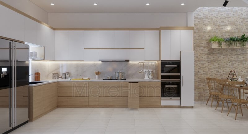 Nội thất phòng bếp hiện đại với thiết kế mở lớn giúp tăng khả năng quan sát cho gia chủ và thuận tiện hơn trong không gian sinh hoạt của gia đình