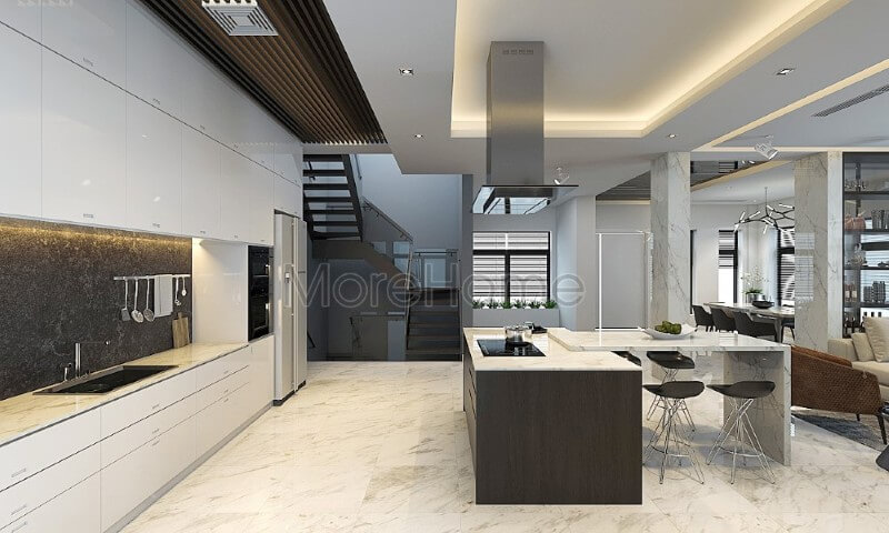 Nội thất phòng bếp đẹp cho chung cư, biệt thự cao cấp, gam màu trắng tự nhiên được sử dụng tạo nên cảm giác sạch sẽ, dễ chịu và sang trọng
