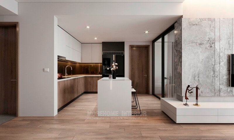 Trang trí nội thất phòng bếp ấn tượng với chất liệu gỗ công nghiệp An Cường. Ở chính giữa được bố trí thêm chiếc bàn đảo tích hợp của nhiều công năng tạo sự tiện nghi cho người nội trợ
