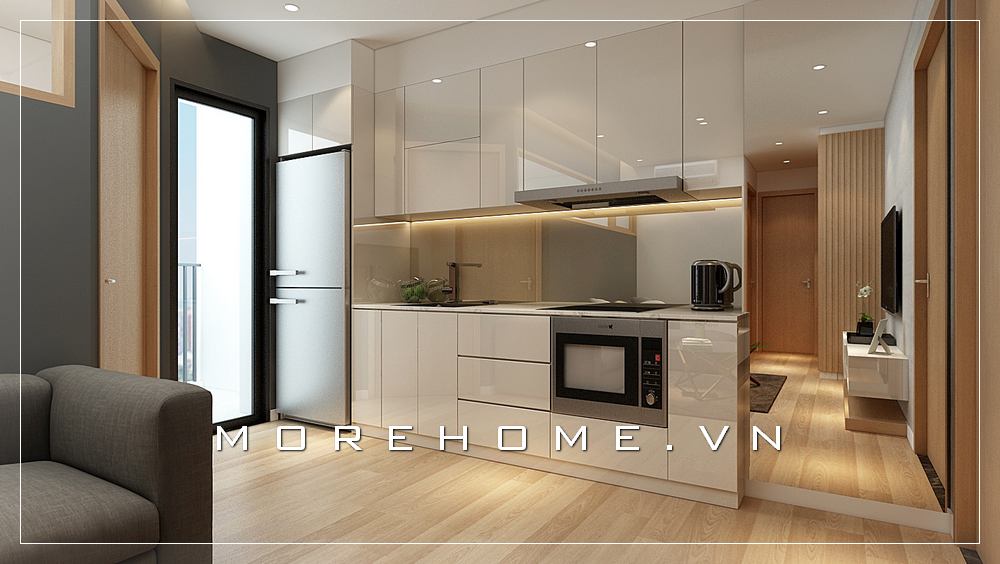 Thiết kế nội thất phòng bếp đơn giản, tone màu trắng chủ đạo tạo nên không gian sáng, thoáng mát và hiện đại hơn