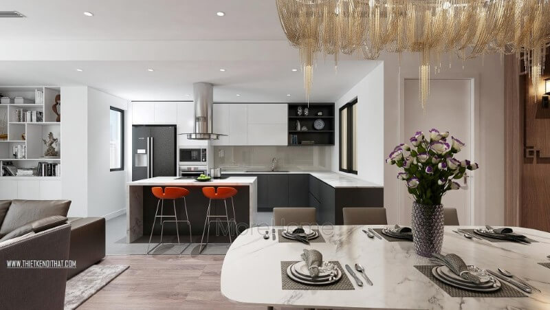 Nội thất phòng bếp chung cư cao cấp vẫn lựa chọn trung thành với lối thiết kế đơn giản, tone màu nhẹ nhàng, trung tính giúp giữ được vẻ sạch sẽ, tươi mới cho không gian