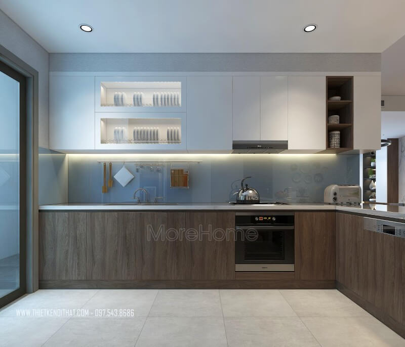 Thiết kế nội thất phòng bếp riêng biệt với không gian phòng khách, không gian bếp bố trí khoa học với hệ thống tủ bếp đẹp