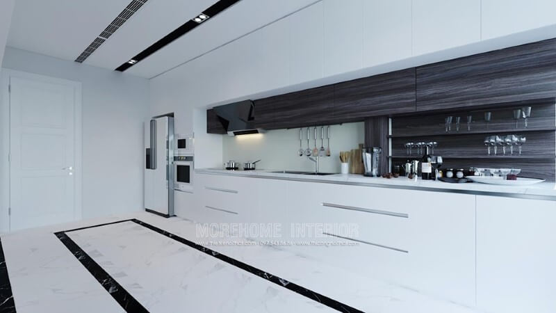 Thiết kế phòng bếp kiểu pháp với tông màu trắng tinh khôi, tinh tế 