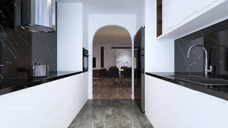 Không gian phòng bếp sang chảnh tiện nghi với mẫu đồ nội thất được làm bằng gỗ Acrylic bóng gương