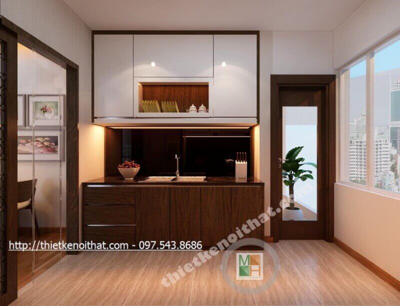 Thiết kế phòng bếp chung cư gọn gàng đơn giản mà vẫn đảm bảo được tính tiện nghi của nội thất