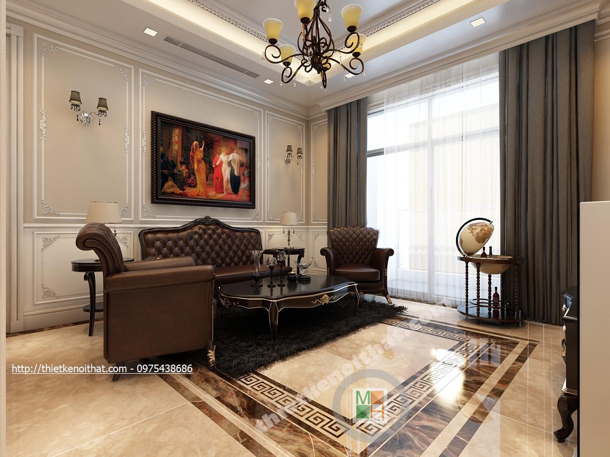 Thiết kế nội thất phòng khách chung cư Vincom Bà Triệu Hai Bà Trưng phong cách tân cổ điển sang trọng