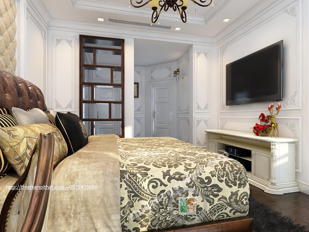 Thiết kế nội thất phòng ngủ chung cư Vincom Bà Triệu Hai Bà Trưng phong cách tân cổ điển sang trọng