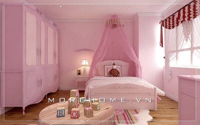 Thiết kế phòng ngủ bé gái ấn tượng, nội thất được sắp xếp hợp lí tạo không gian rộng rãi giúp con có thể vừa nghỉ ngơi, học tập và vui chơi giải trí