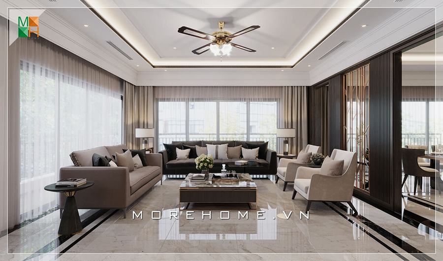 Phòng khách được kết hợp giữa nội thất và ánh sáng cực kỳ hiện đại