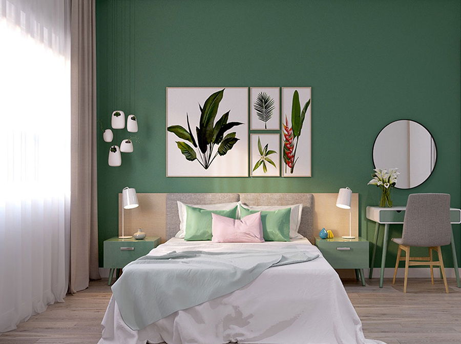 Phòng ngủ lấy tone trắng và xanh lá làm chủ đạo