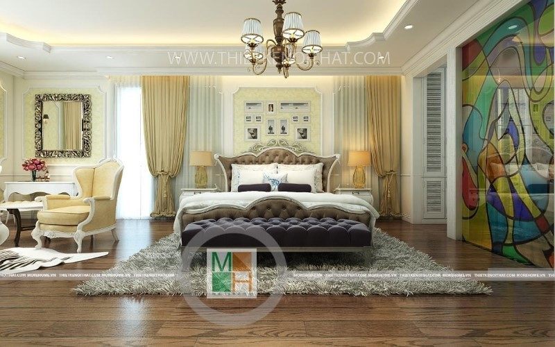 Thiết kế nội thất phòng ngủ theo phong cách tân cổ điển sang trọng với tông màu trắng nhẹ nhàng cho không gian không bị bí bách