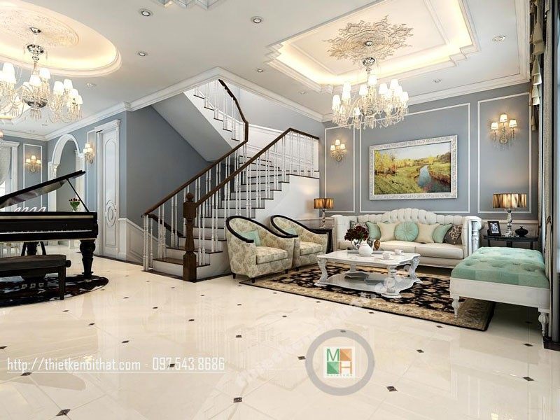 Thiết kế phòng khách biệt thự tân cổ điển với sắc xanh đẹp, hiện đại và thu hút