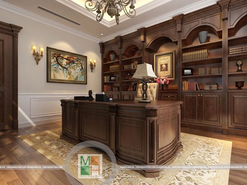 Thiết kế nội thất tân cổ điển gỗ tự nhiên cho không gian phòng làm việc cùng cách bày trí nội thất gọn gàng sang trọng