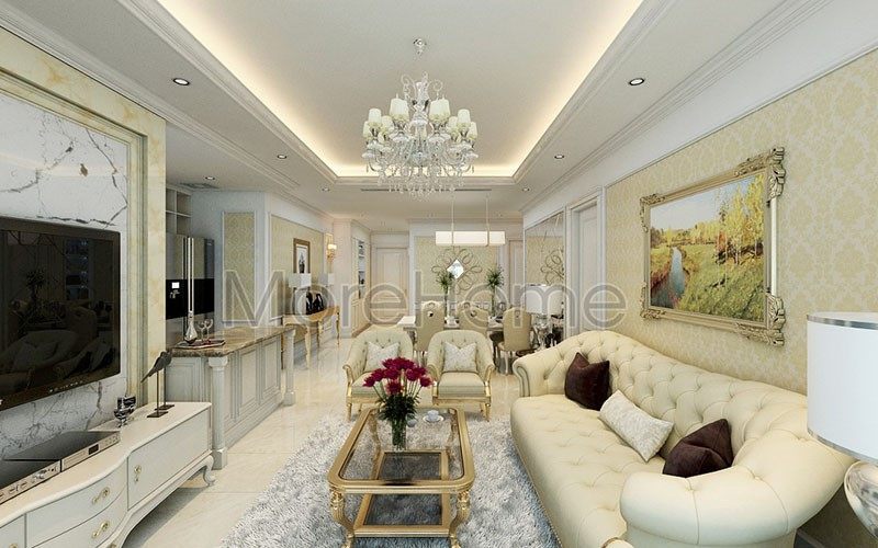 Thiết kế nội thất biệt thự tân cổ điển cho phòng khách với tông màu trắng sang trọng
