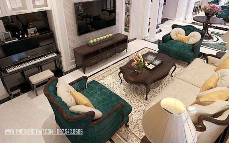 Thiết kế phòng khách với nội thất gỗ sang trọng, hút mắt ngay từ khi bước vào nhà