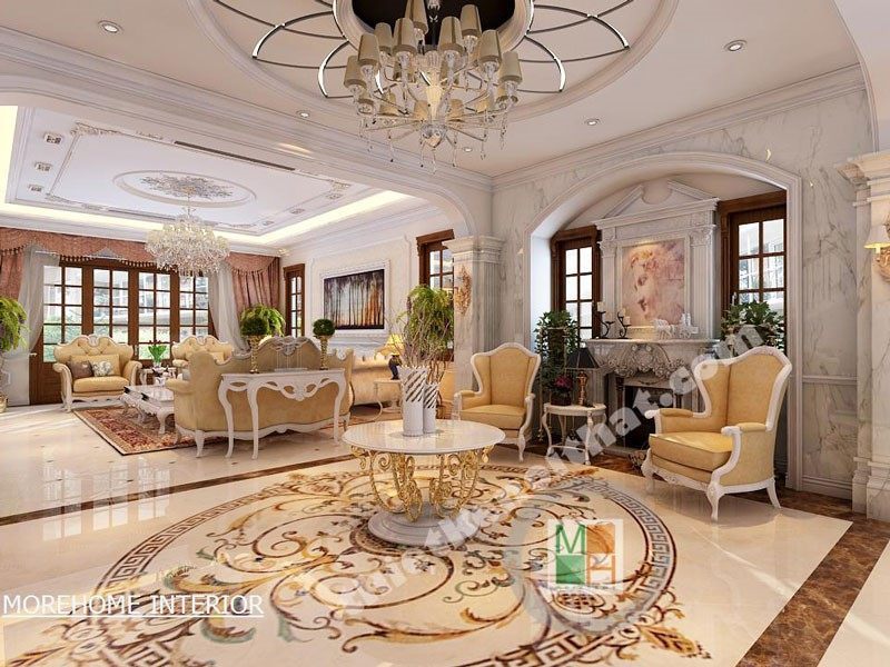 Thiết kế phòng khách theo phong cách tân cổ điển với nội thất gỗ tự nhiên sang trọng