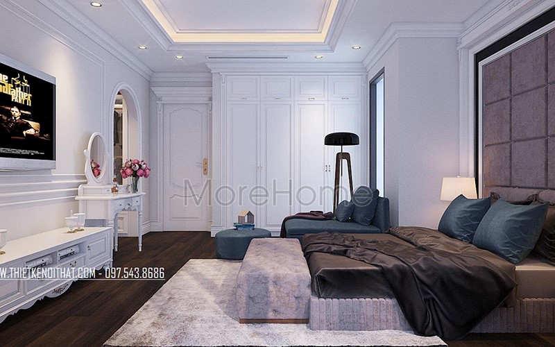 Nội thất phòng ngủ gỗ tự nhiên với thiết kế đường nét tinh tế, tỉ mỉ cùng sắc trắng tạo nết hiện đại xen lẫn đương đại vô cùng quý phái