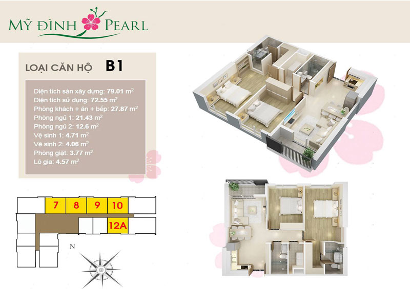 Mẫu thiết kế nội thất căn hộ chung cư Mỹ Đình Pearl 72-73-77m2