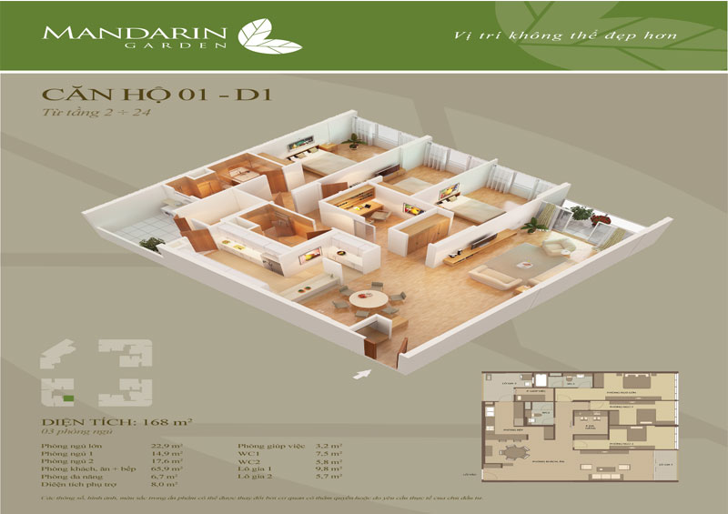 Mẫu thiết kế nội thất căn hộ chung cư Mandarin Garden 168m3
