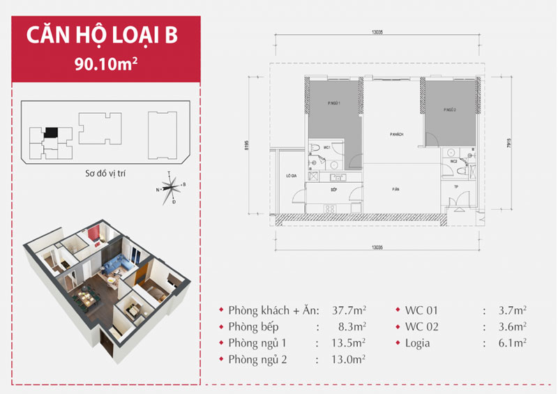 Mẫu thiết kế nội thất căn hộ chung cư Paragon Tower tòa B 90,10m2