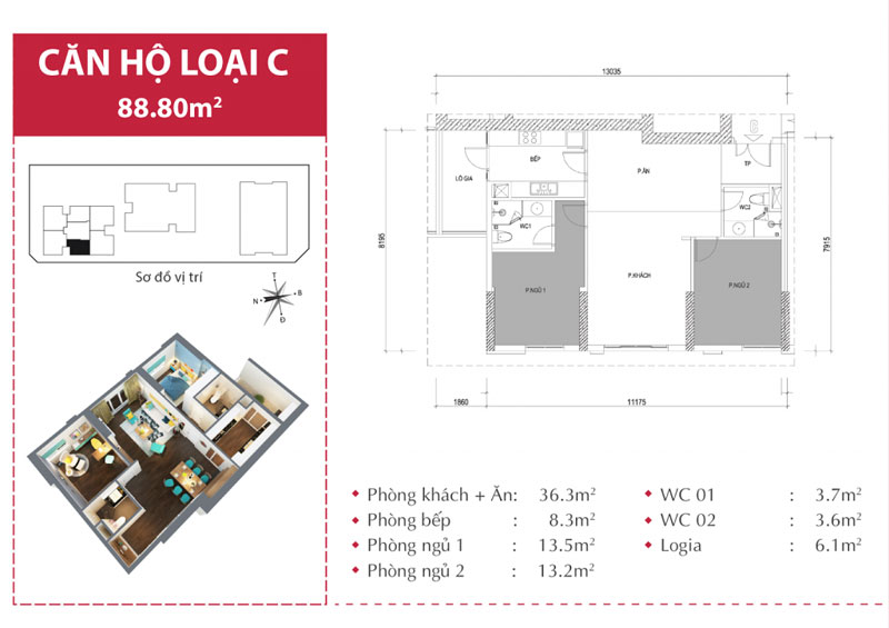 Mẫu thiết kế nội thất căn hộ chung cư Paragon Tower tòa C 88,80m2