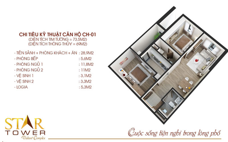 Mẫu thiết kế nội thất căn hộ chung cư Star Tower 69m2