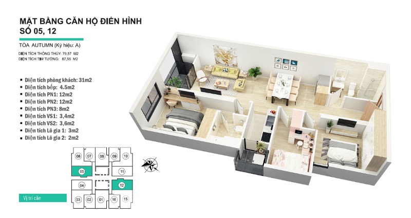 Thiết kế nội thất căn hộ chung cư 84m2 tòa Autumn Goldseason Thiết kế nội thất căn hộ chung cư 84m2 tòa Autumn Goldseason