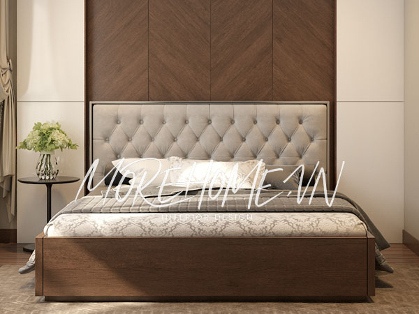 Mẫu giường ngủ gỗ công nghiệp Laminate với tone trầm sẽ là lựa chọn rất phù hợp với gia chủ thích không gian trầm tĩnh, ấm áp.