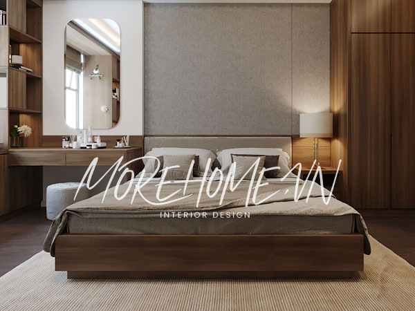 Mẫu giường ngủ công nghiệp sử dụng chất liệu gỗ veneer cao cấp tạo cảm giác như gỗ tự nhiên mà giá thành sản phẩm lại rất ưu đãi